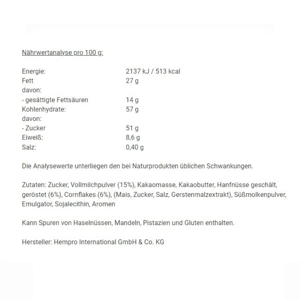 Hanf Knusper-Schokolade Tafel 100g Produktdatenblatt