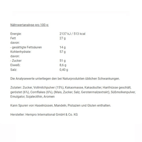 Hanf Knusper-Schokolade Tafel 100g Produktdatenblatt