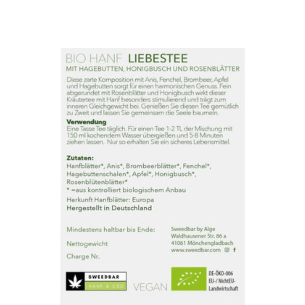 "Sweed Love" Bio-Hanf-Tee mit Hagebutte, Honigbusch und Rosenblättern - 30g, vegan, ohne Zusätze
